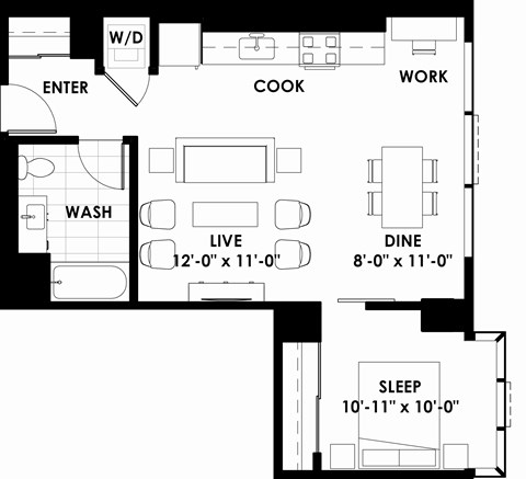 Floor plan for 1 bed, 1 bath, 681 sqft